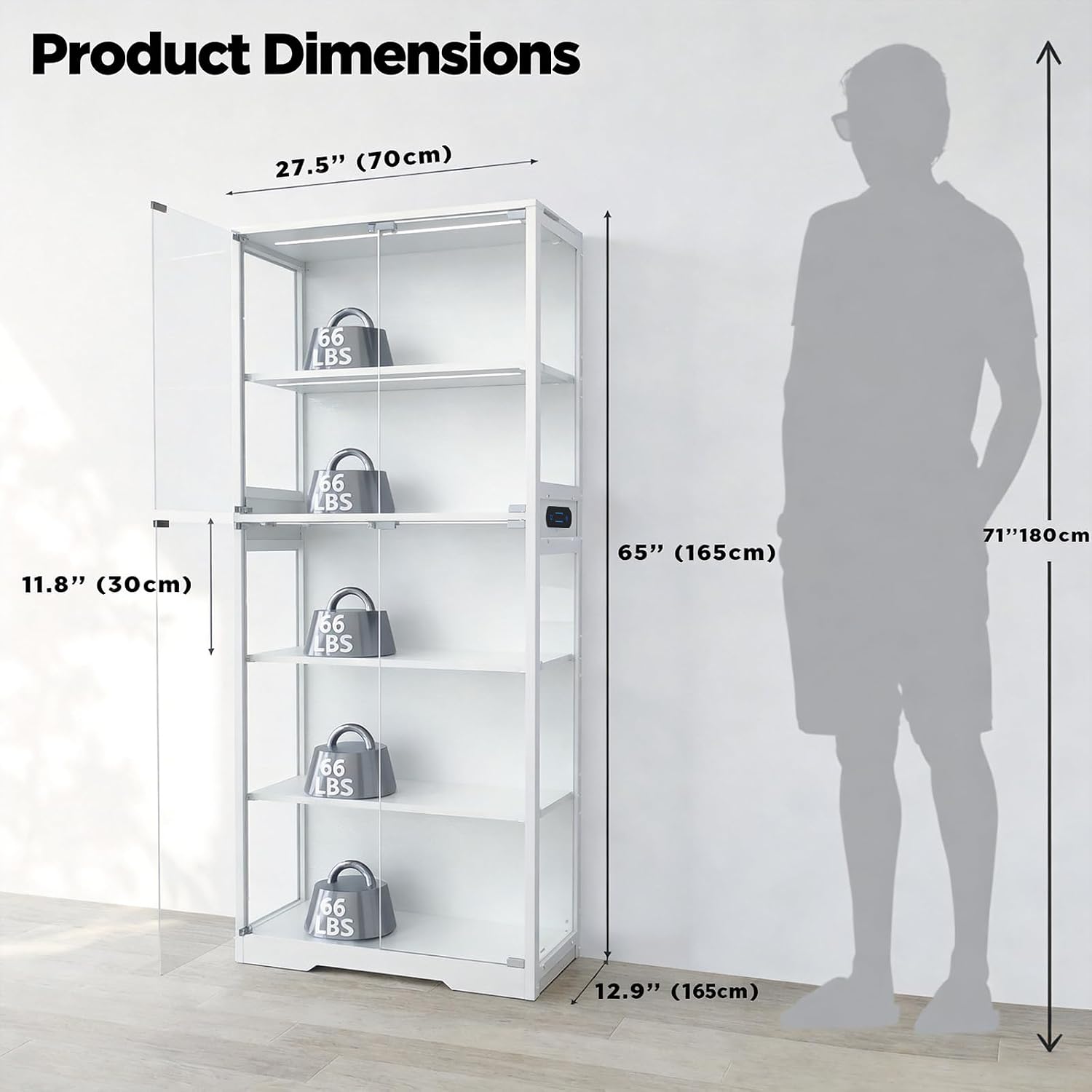 White Frame LED 5-Tier Glass Display Cabinet