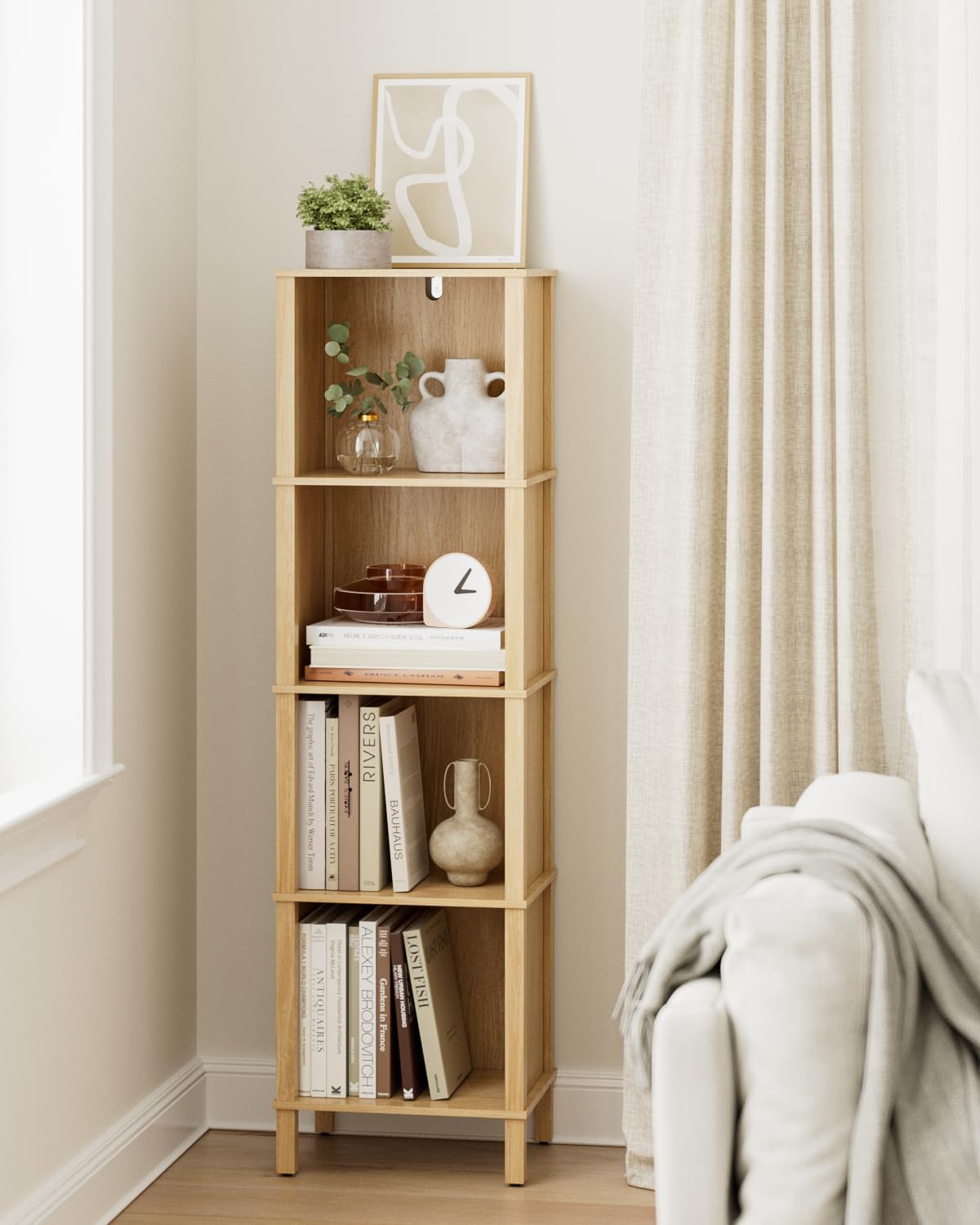 Natural 4-Tier Narrow Open Bookshelf