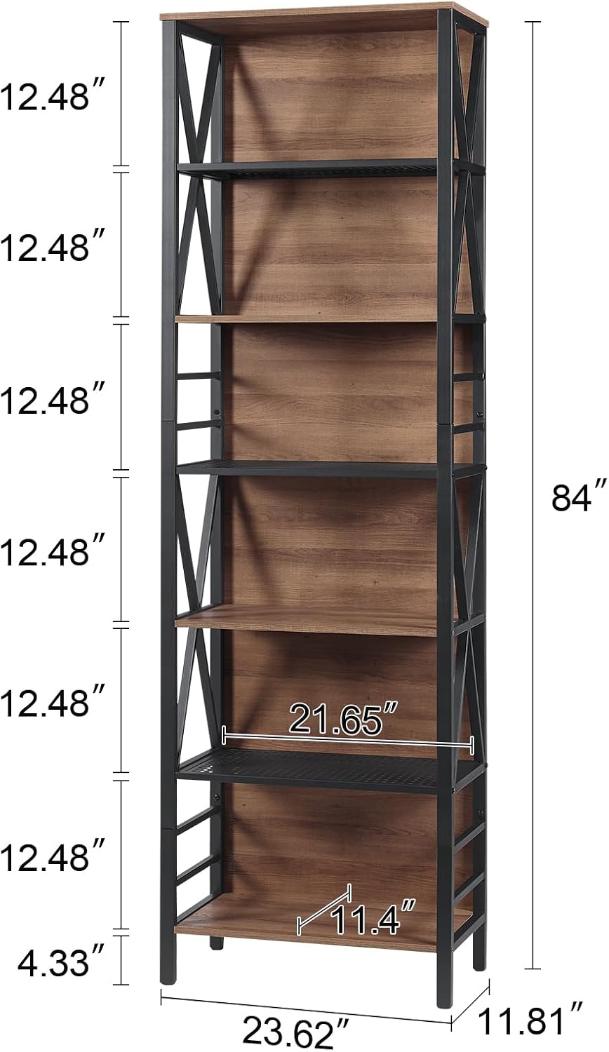 Vintage Brown Industrial 7-Tier Wood Metal Bookshelf