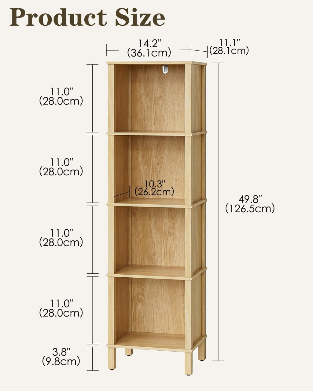 Natural 4-Tier Narrow Open Bookshelf