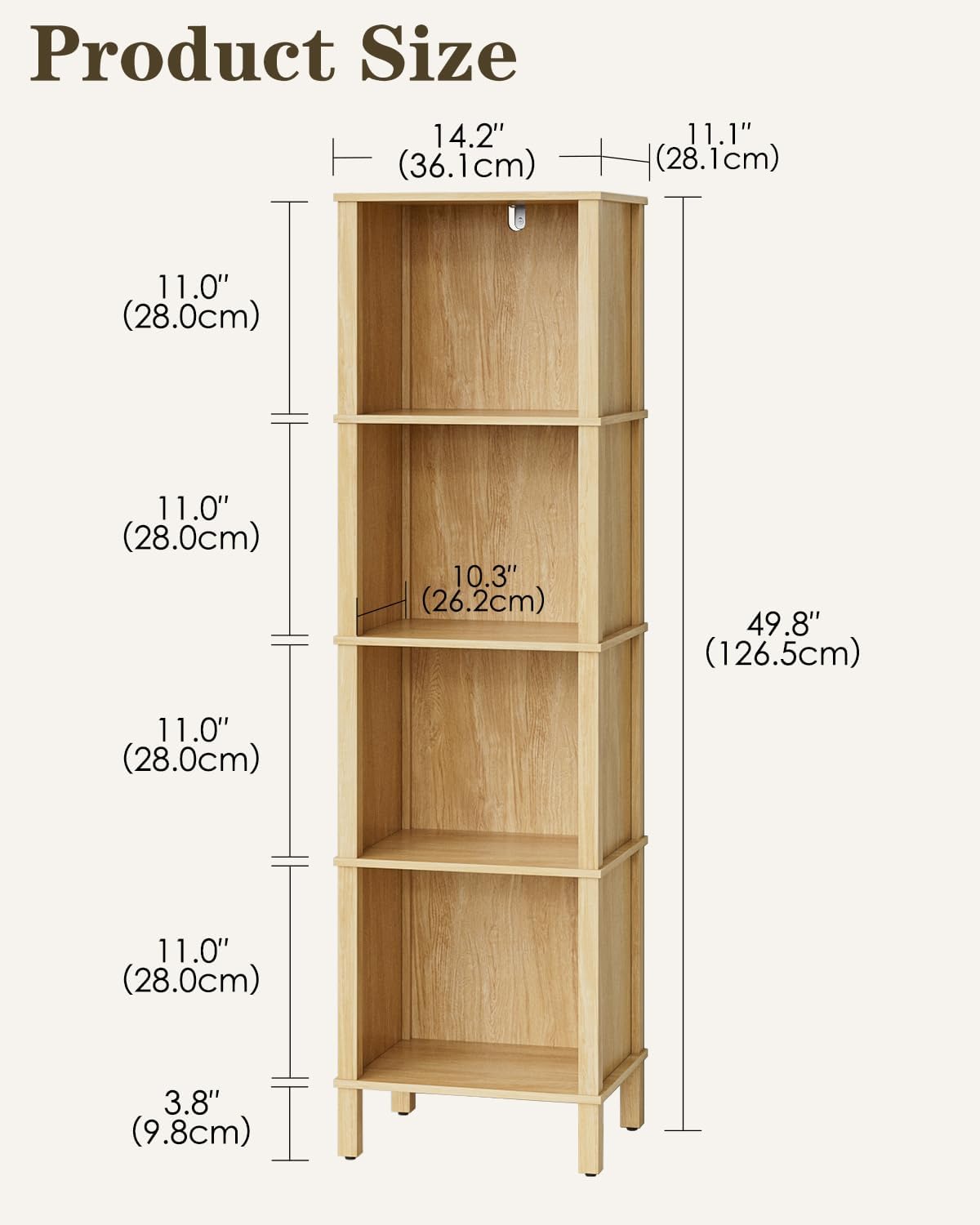 Natural 4-Tier Narrow Open Bookshelf