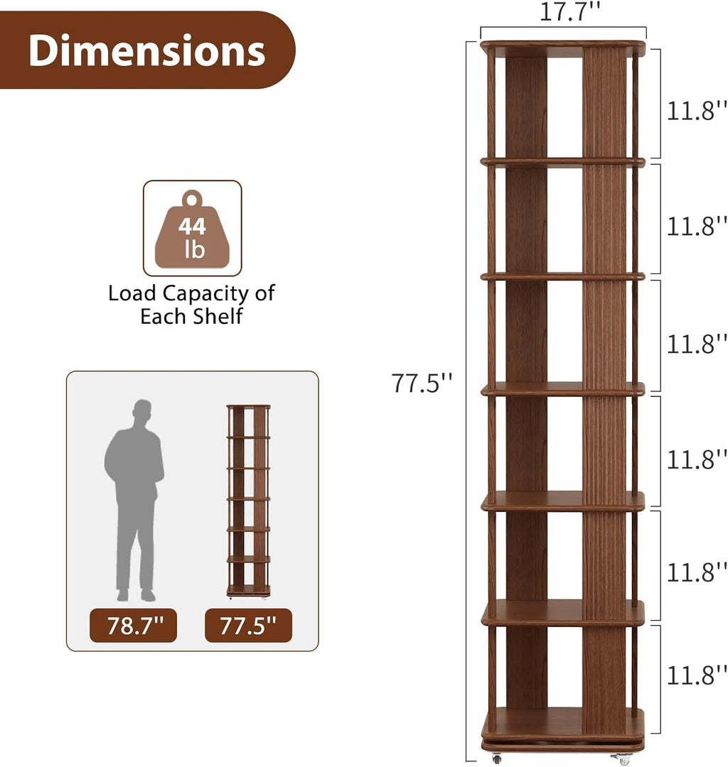 Walnut 6-Tier 360° Rotating Rolling Bookshelf