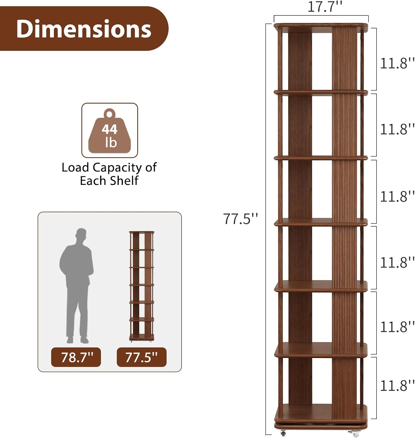 Walnut 6-Tier 360° Rotating Rolling Bookshelf