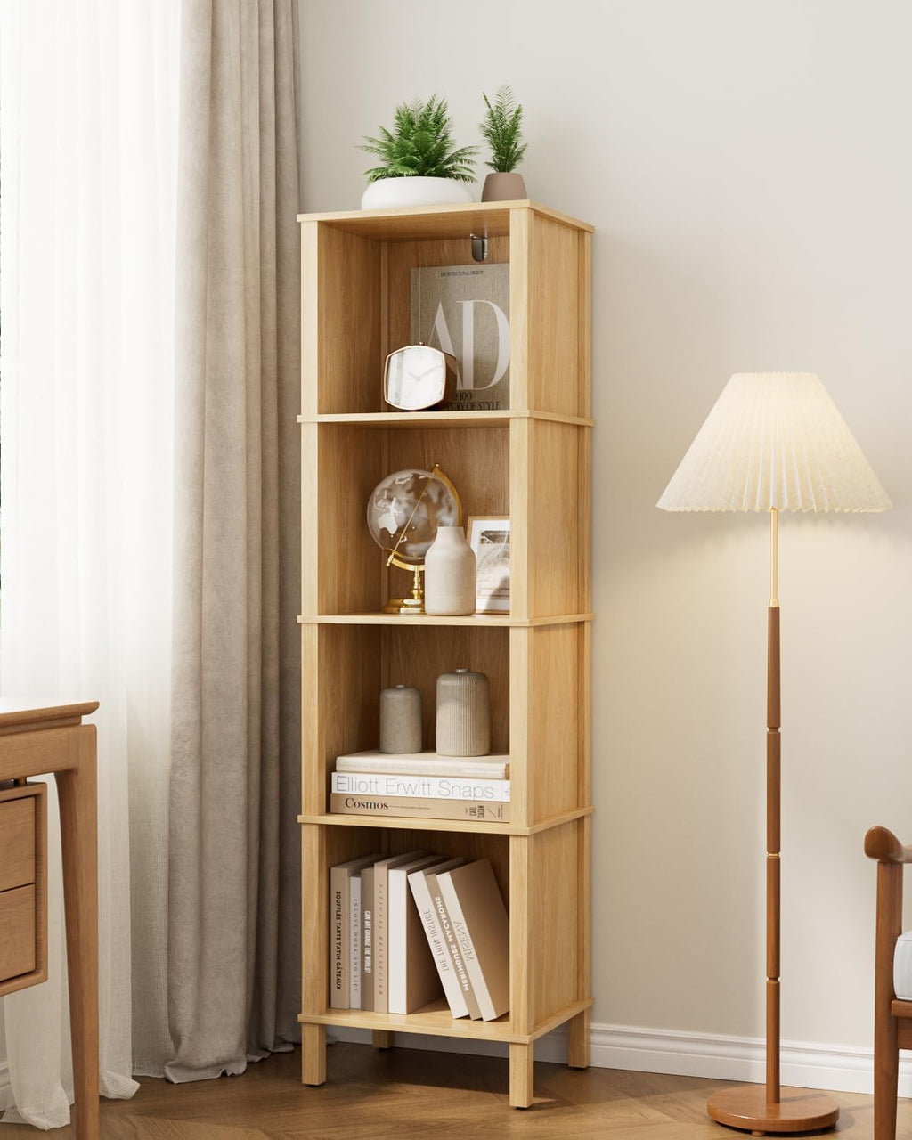 Natural 4-Tier Narrow Open Bookshelf