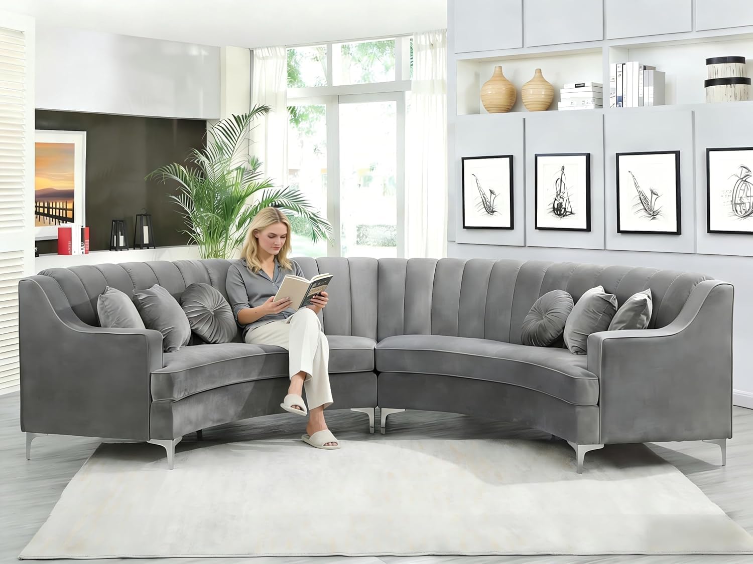 Grey Velvet Arc Cloud Curved Sofa