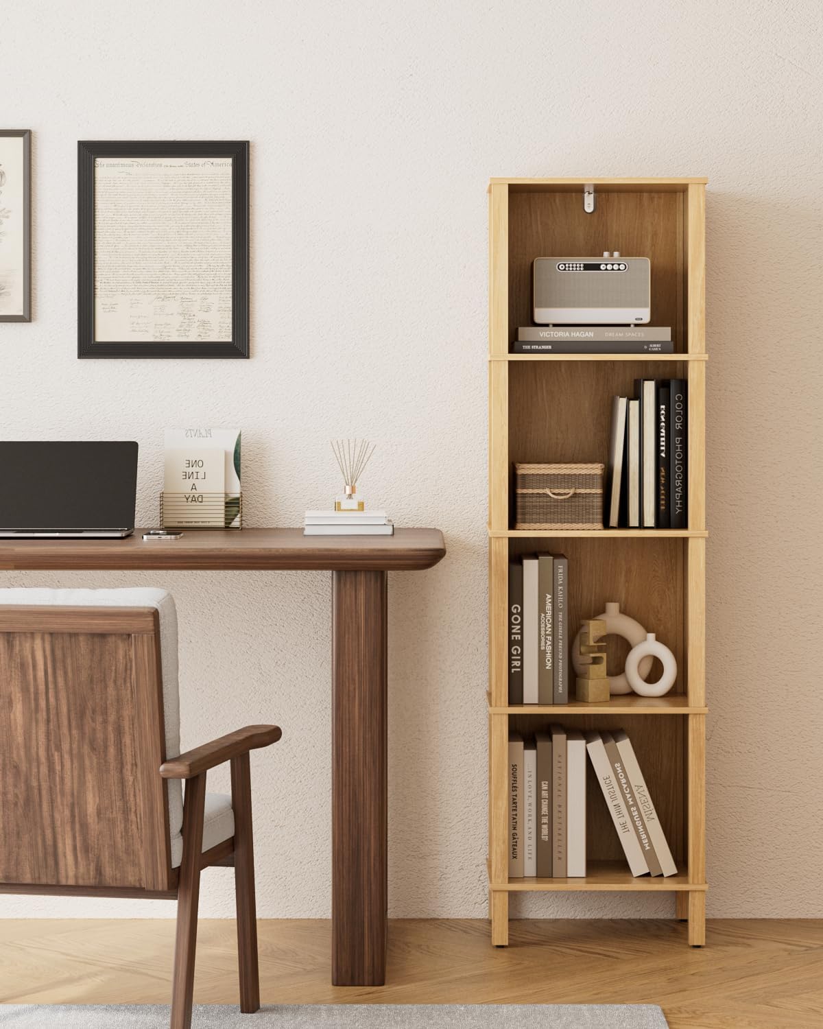 Natural 4-Tier Narrow Open Bookshelf