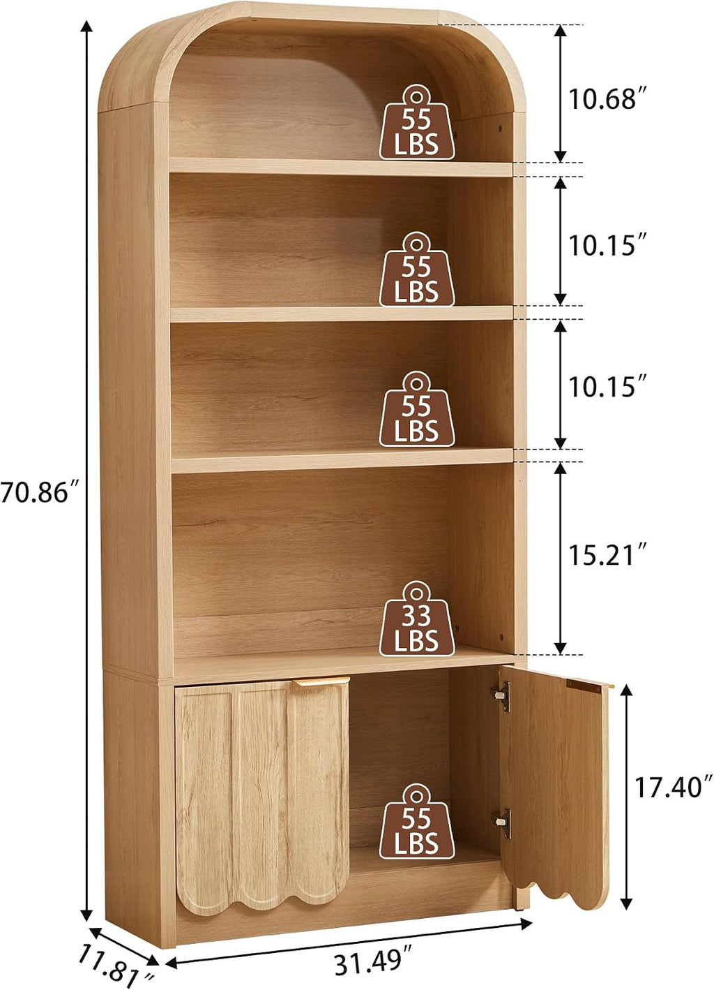 Natural 2-Piece Arched Gold Handle Storage Bookshelf