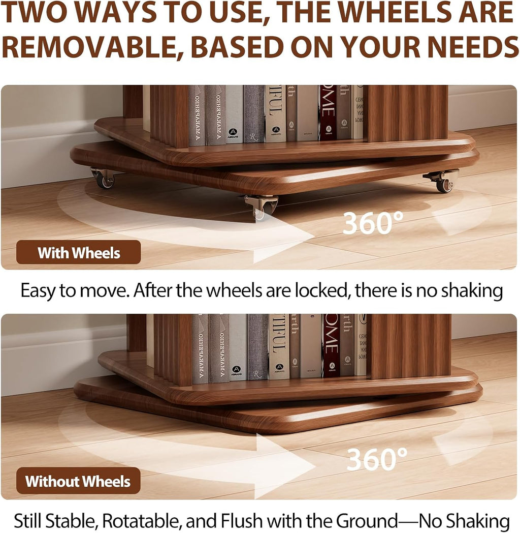 Walnut 6-Tier 360° Rotating Rolling Bookshelf