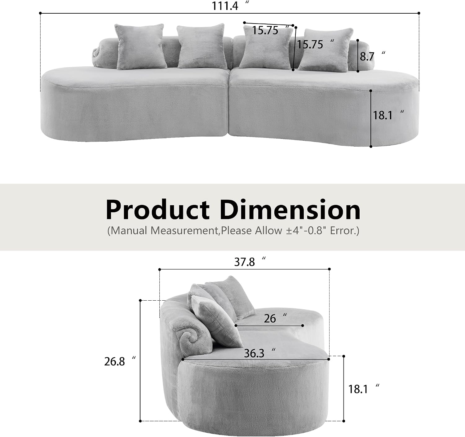 Grey Velvet Curved 4-Seater Sofa