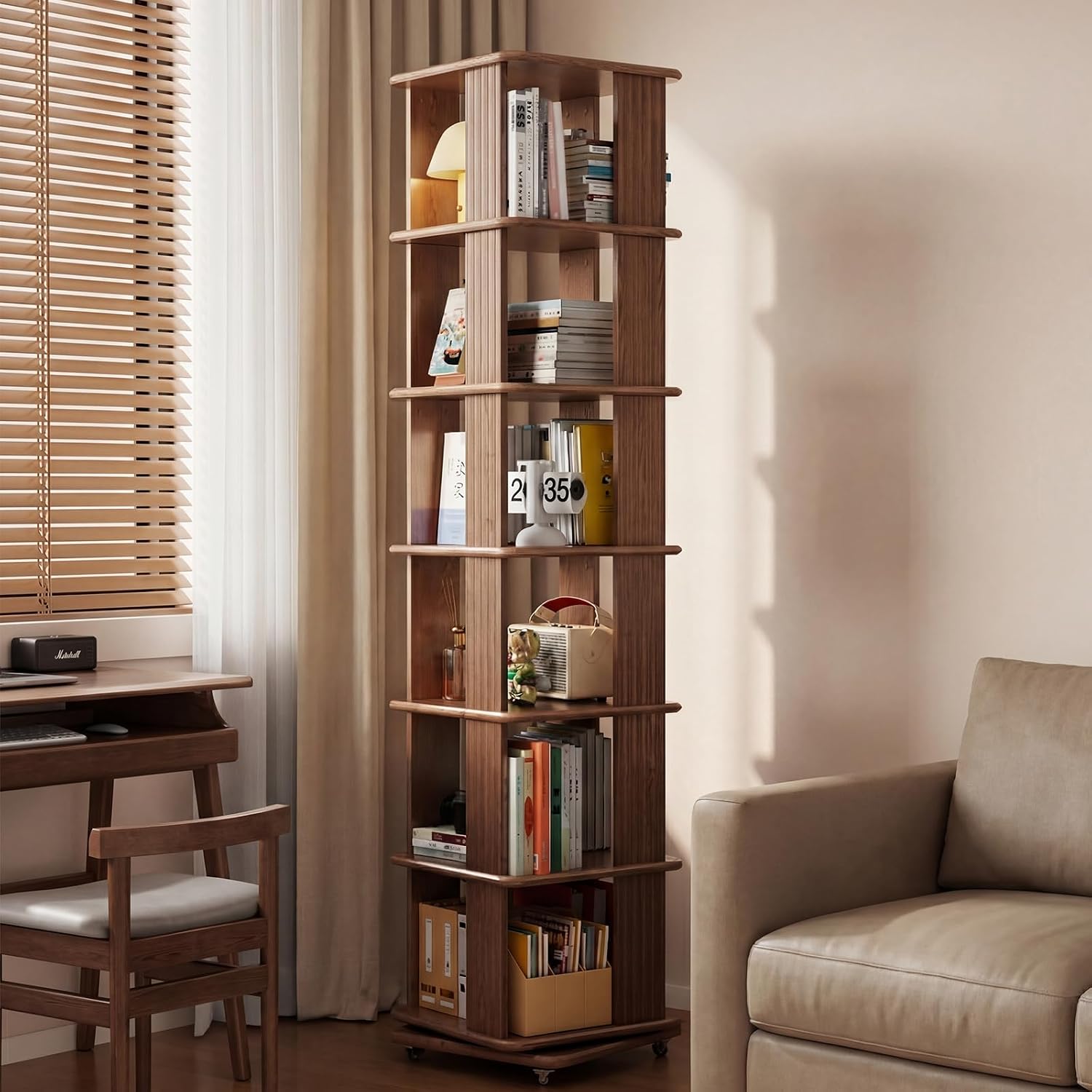 Walnut 6-Tier 360° Rotating Rolling Bookshelf