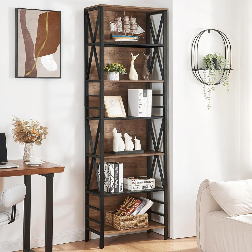 Vintage Brown Industrial 7-Tier Wood Metal Bookshelf