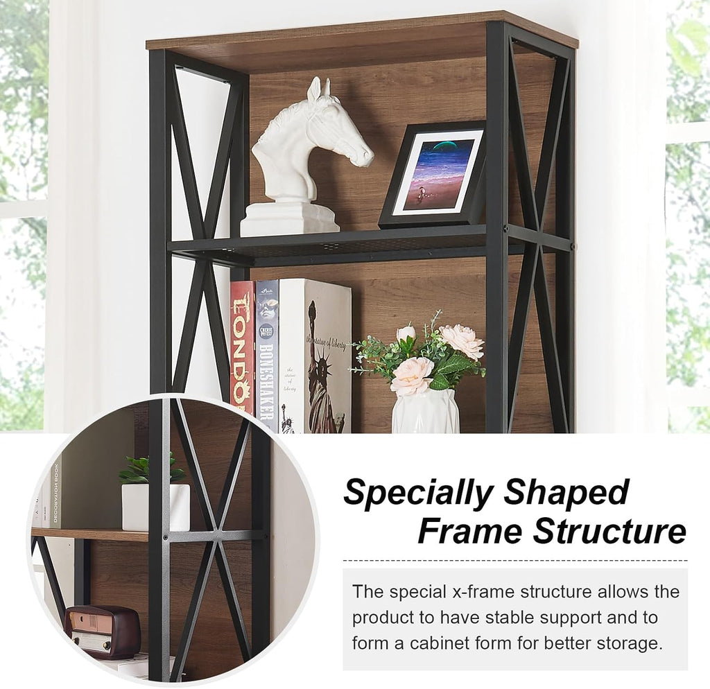 Vintage Brown Industrial 7-Tier Wood Metal Bookshelf