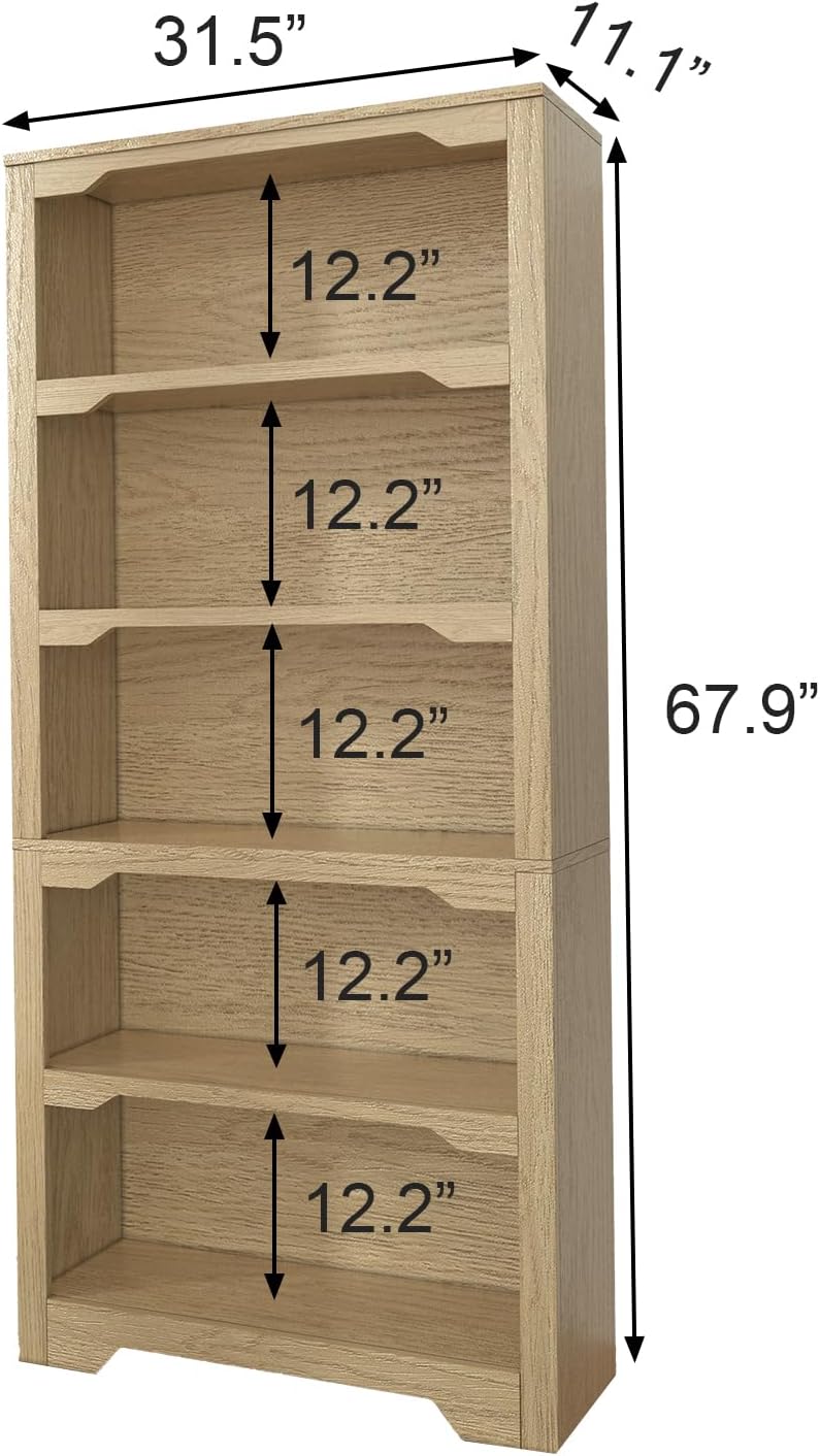 White Oak Modern 5-Tier Open Bookshelf
