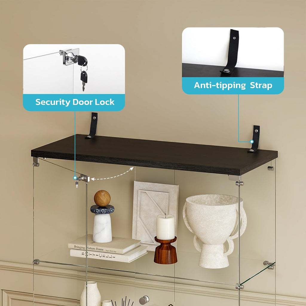Black Double Door LED Lockable Glass Display Cabinet