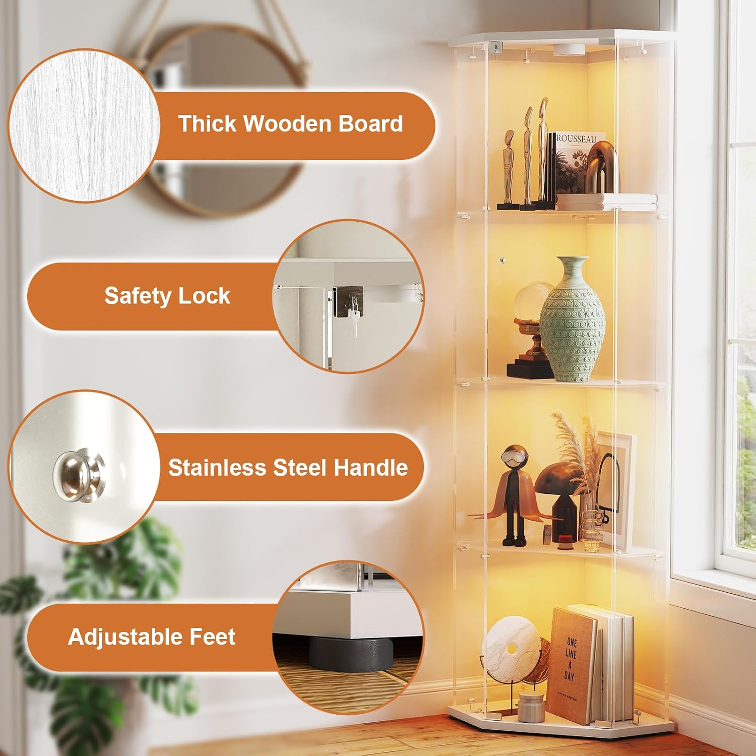 White LED Corner Lockable Glass Display Cabinet