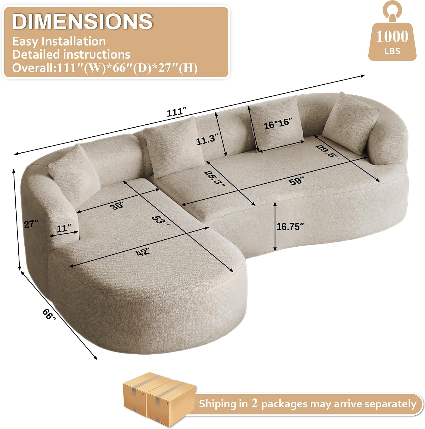 Light Brown Curved Chenille Sectional Sofa