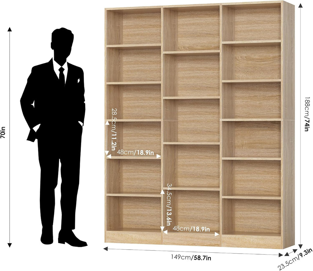 Light Oak Triple Wide 6-Tier Open Bookshelf