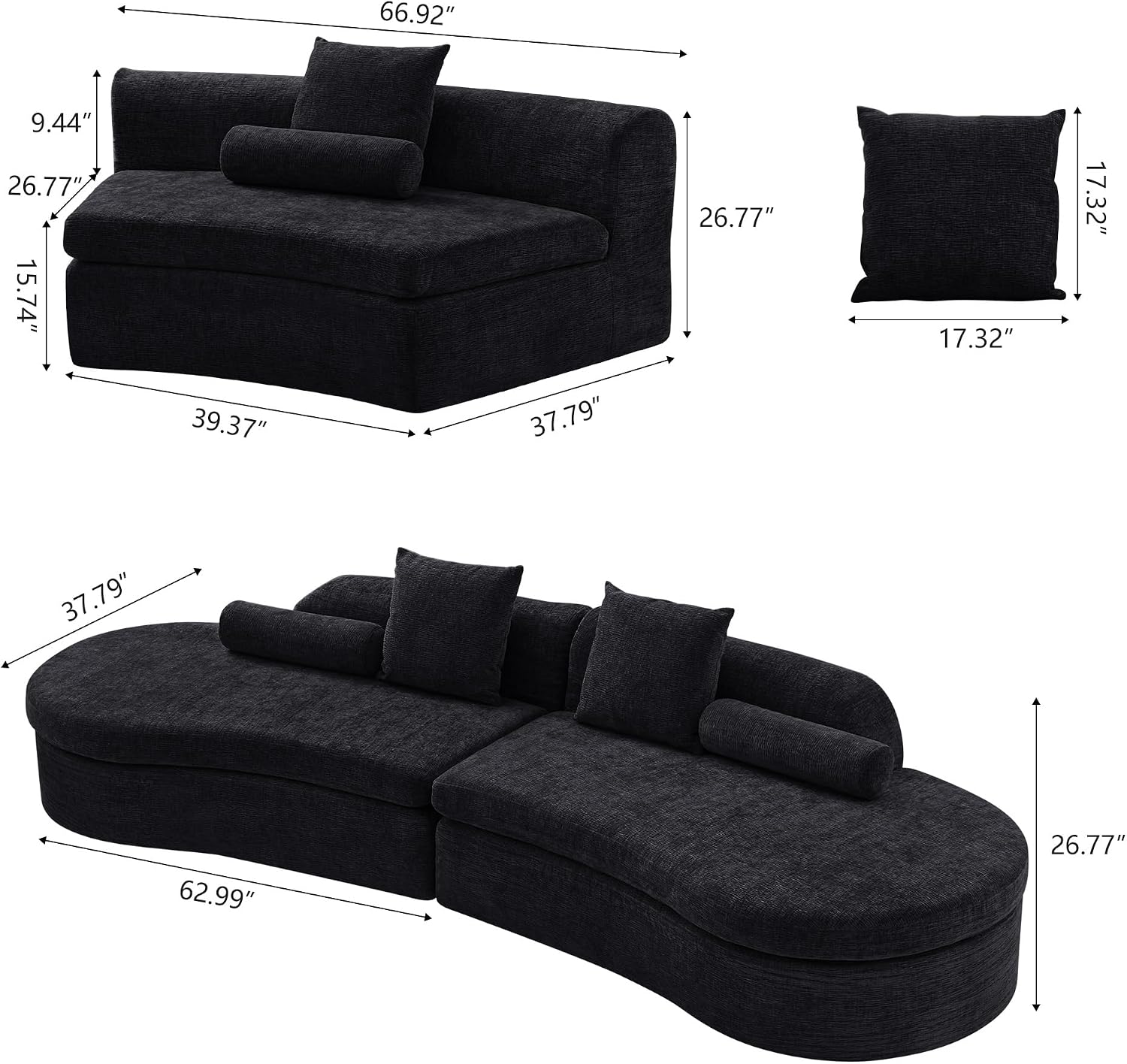 Black Chenille 6 Seater Curved Cloud Modular Sectional Sofa