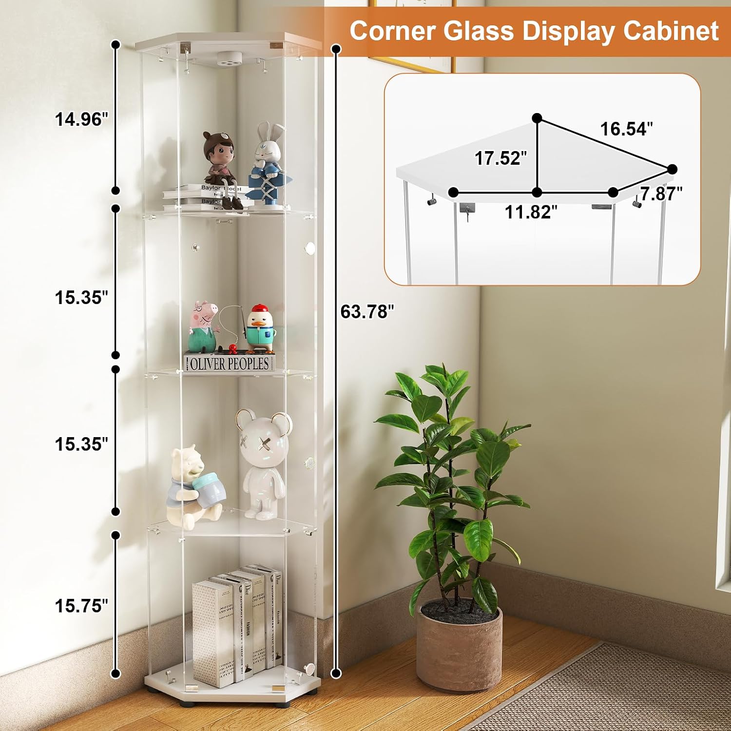 White LED Corner Lockable Glass Display Cabinet