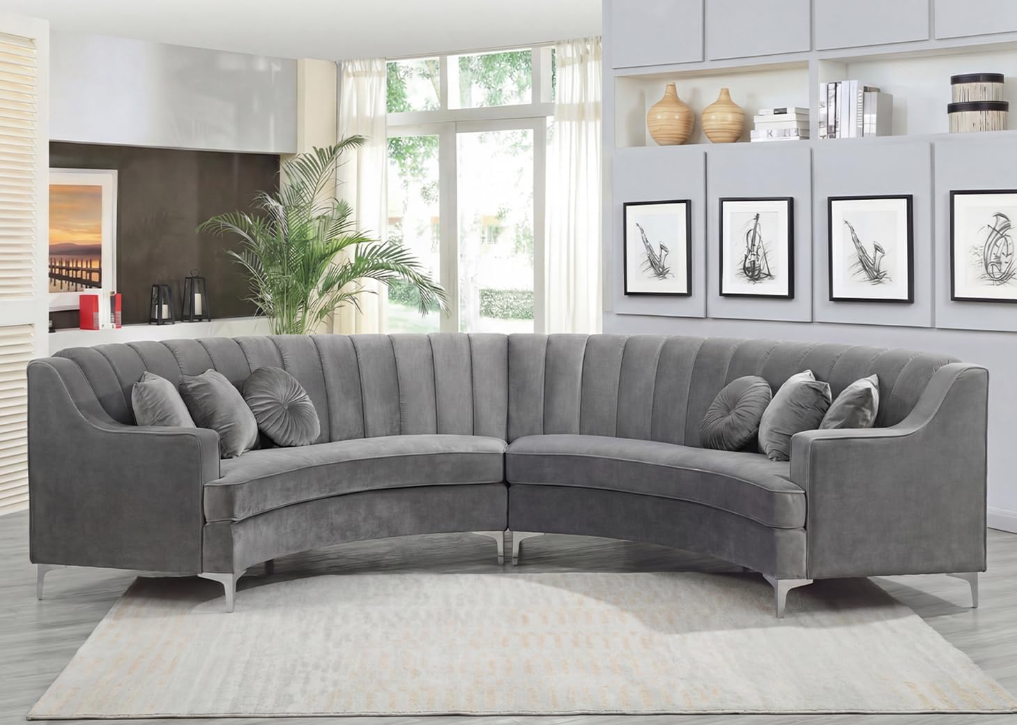 Grey Velvet Arc Cloud Curved Sofa