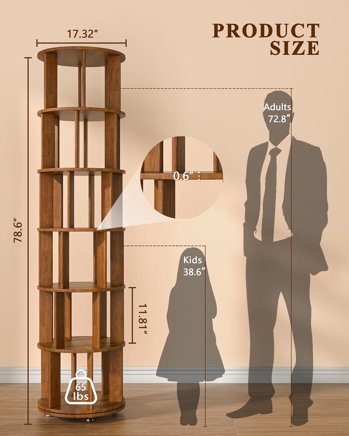 Walnut 6-Tier 360° Rotating Rolling Bookshelf