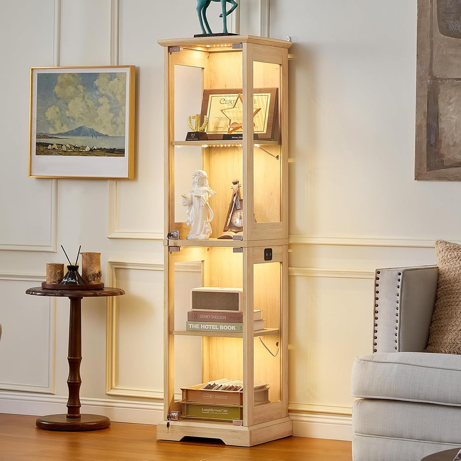 Natural Farmhouse Lockable Glass Display Cabinet