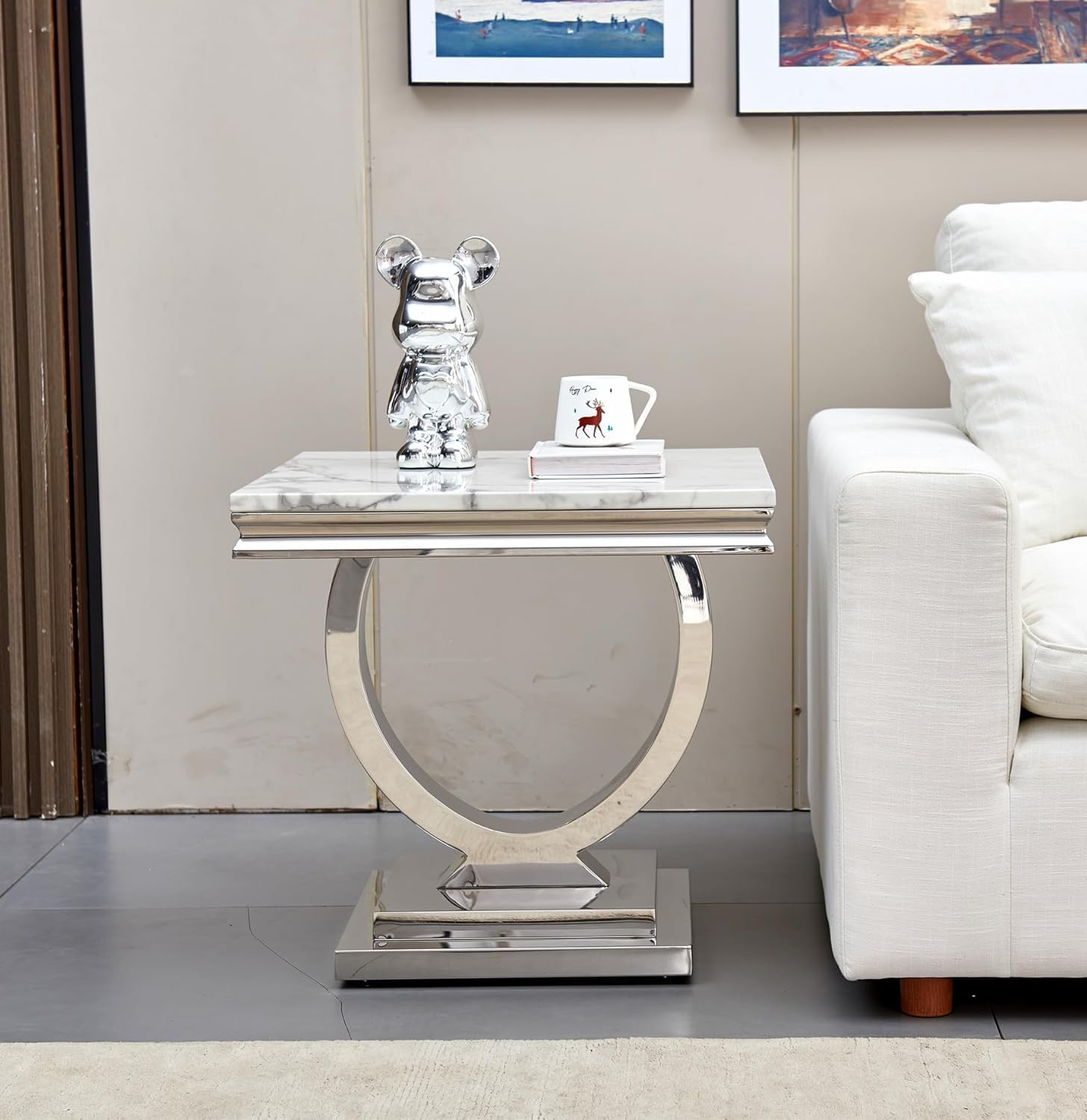 White Marble Silver Pedestal Side Table