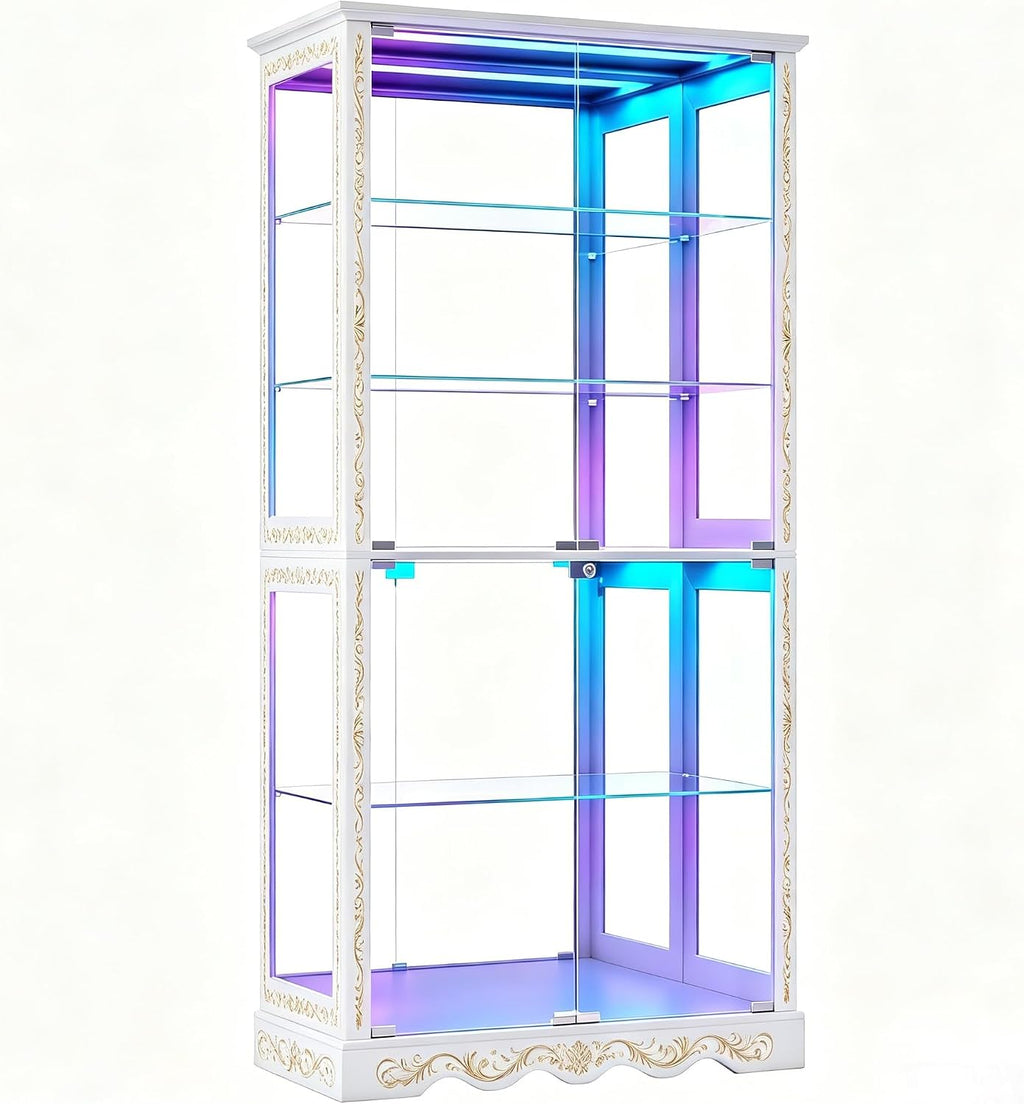 White Tall RGB Lockable Glass Display Cabinet