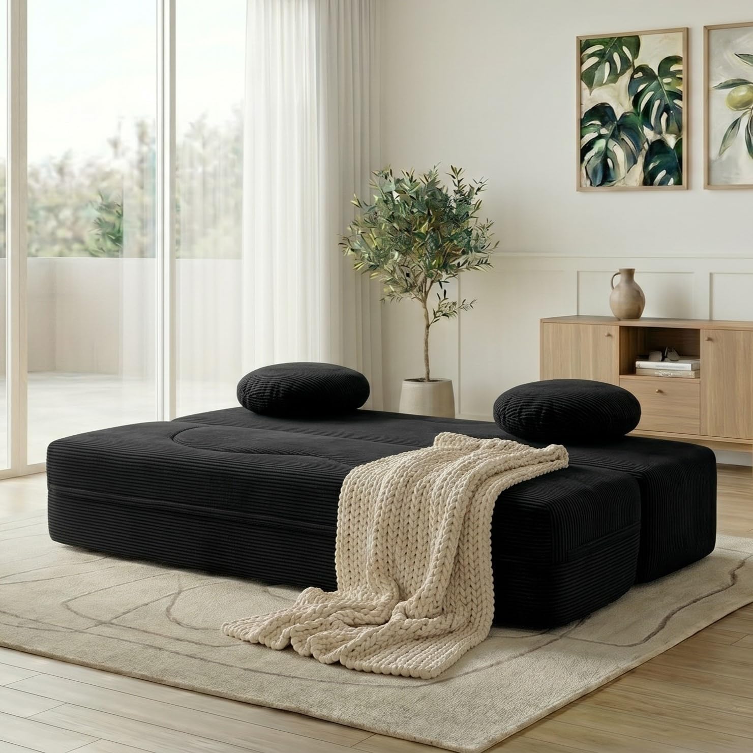 Black Curved Convertible Sofa Bed