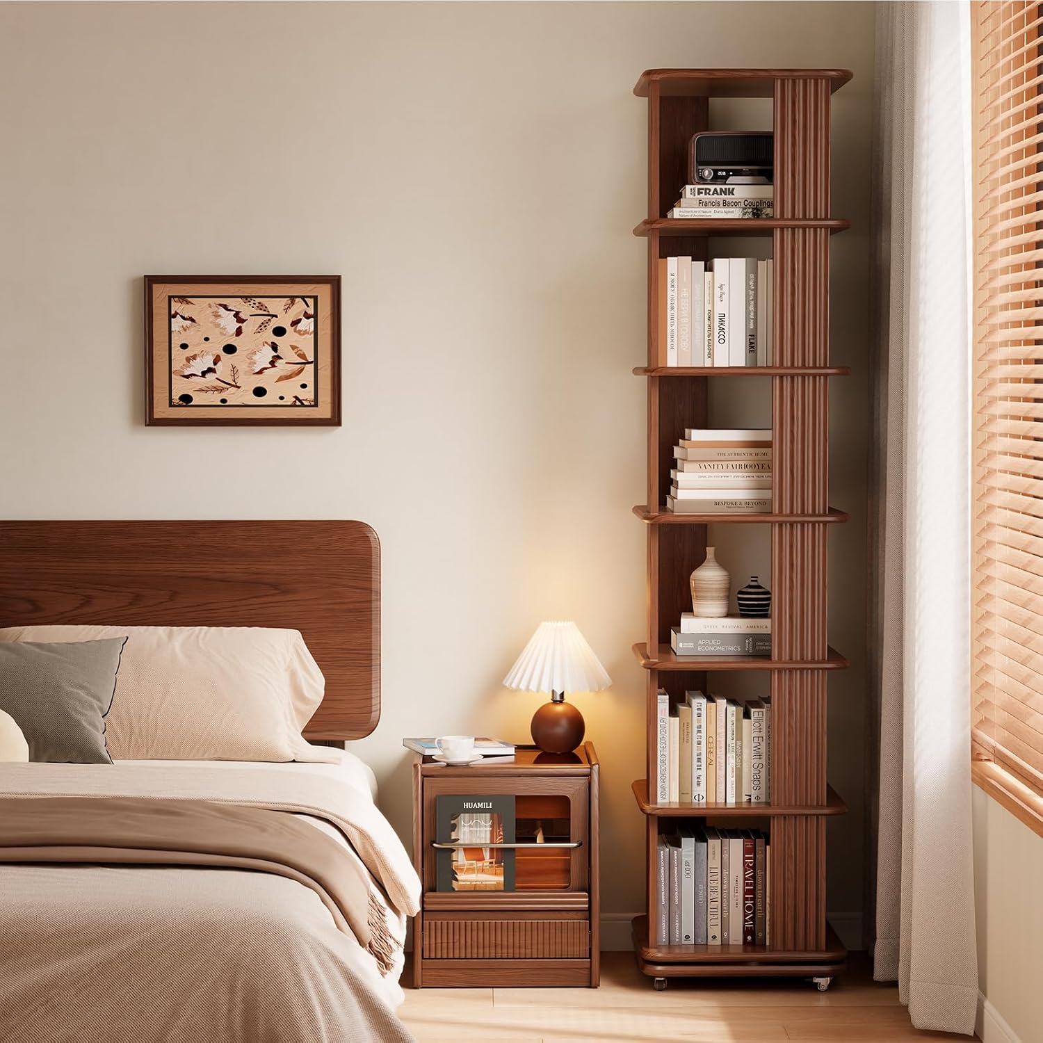 Walnut 6-Tier 360° Rotating Rolling Bookshelf