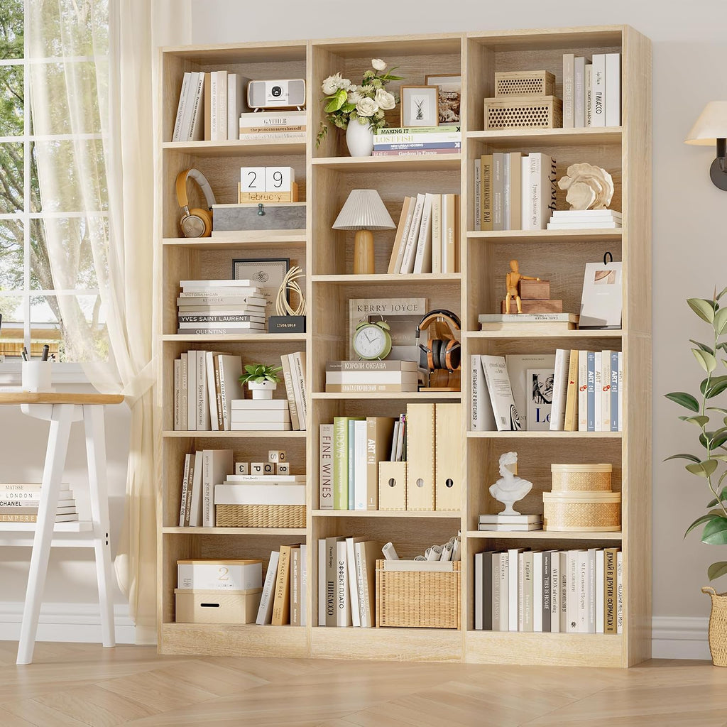 Light Oak Triple Wide 6-Tier Open Bookshelf