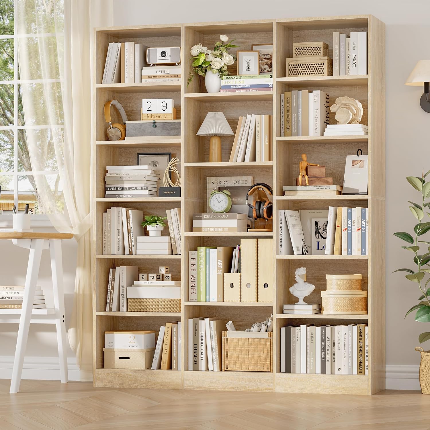 Light Oak Triple Wide 6-Tier Open Bookshelf