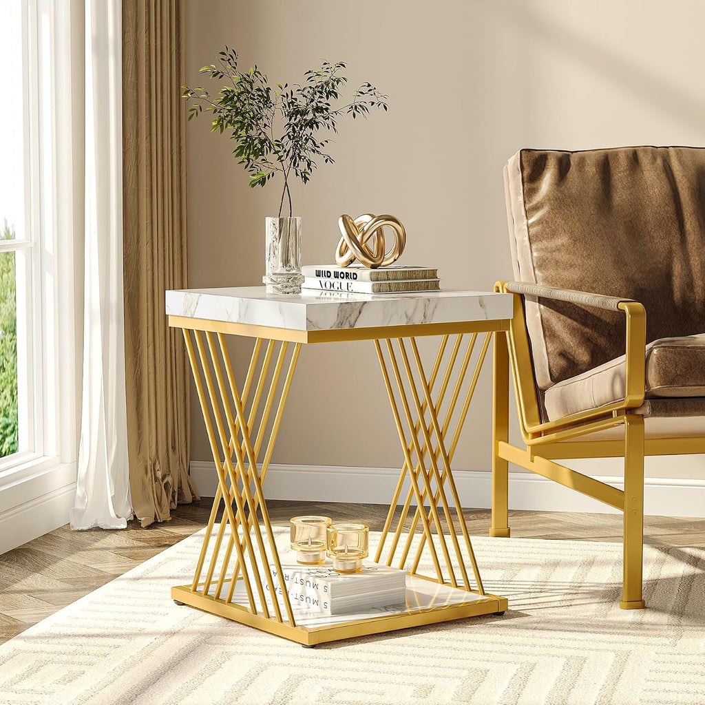 White Gold Marble Square Side Table