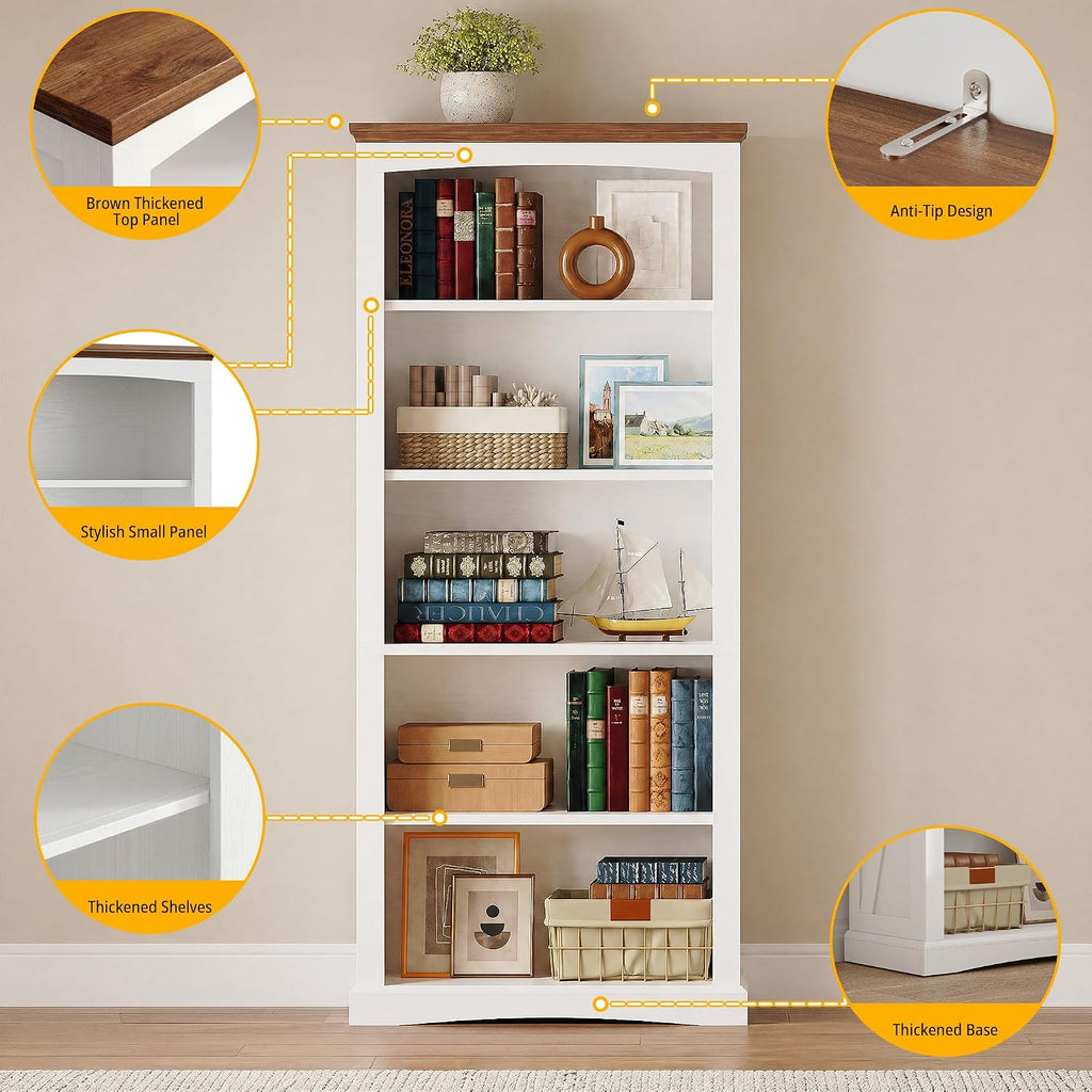 White Farmhouse Bookshelf with Brown Wood Top