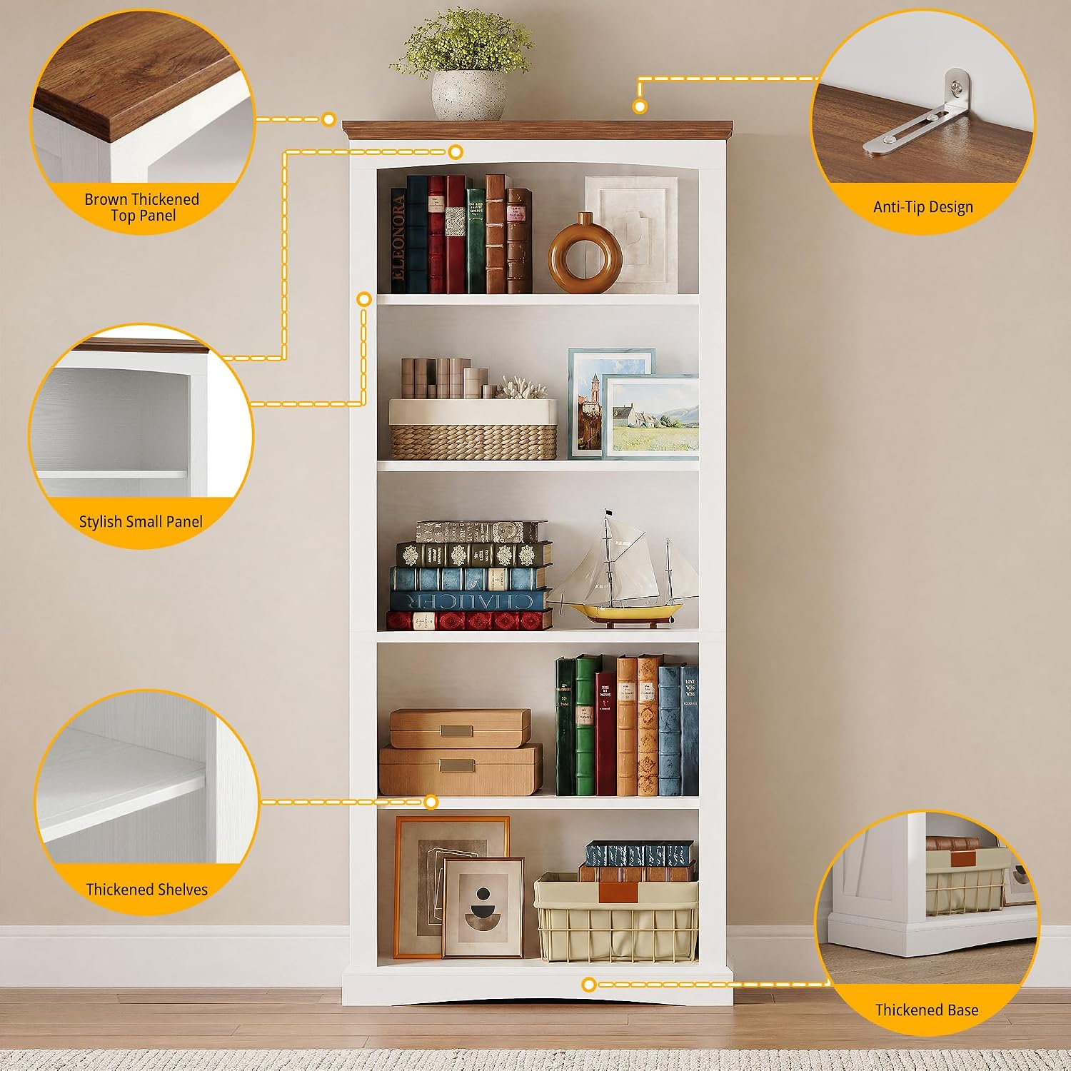 White Farmhouse Bookshelf with Brown Wood Top