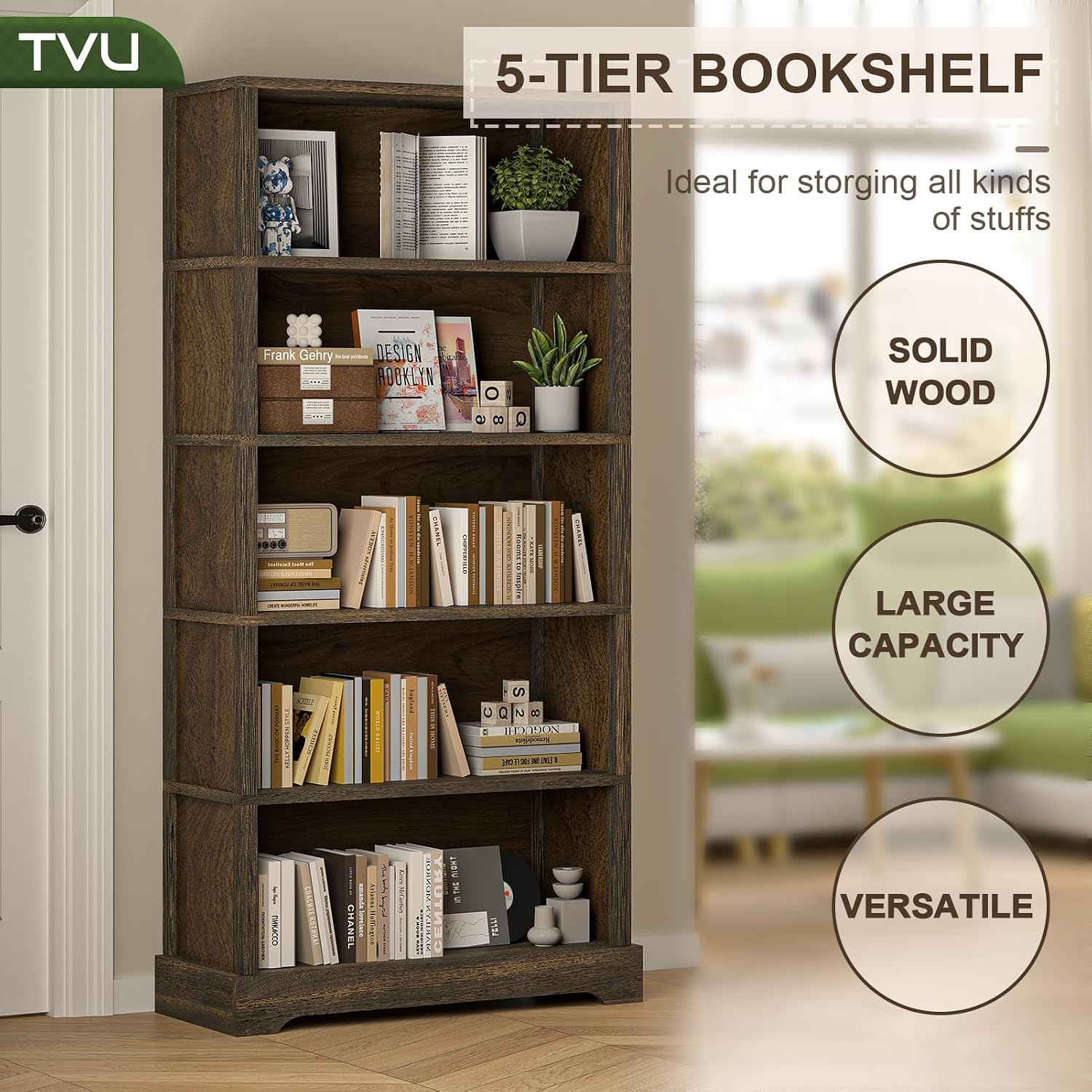 Walnut Farmhouse Arched Base 5-Tier Bookshelf