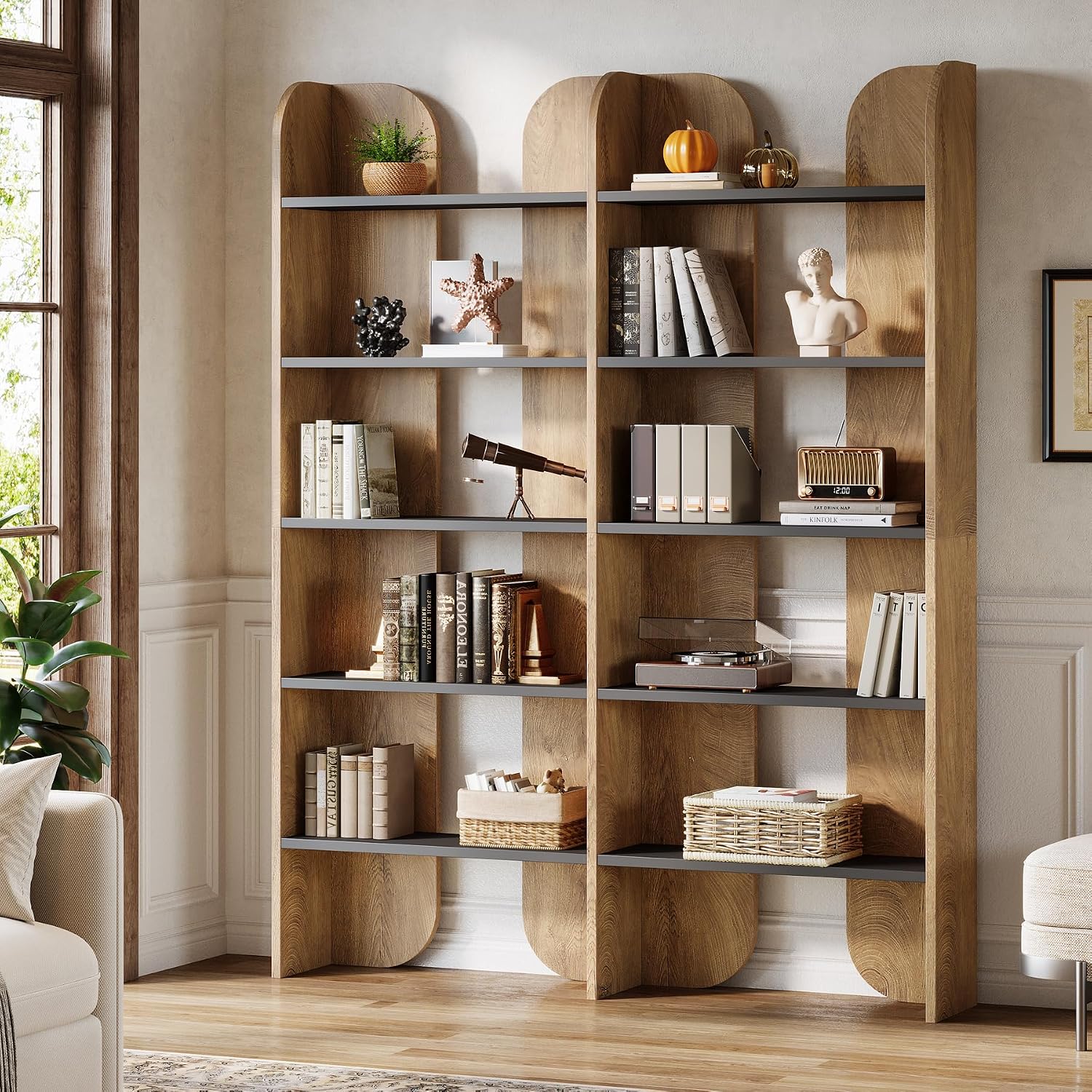 Brown Black Double Wide Farmhouse 5-Tier Bookshelf