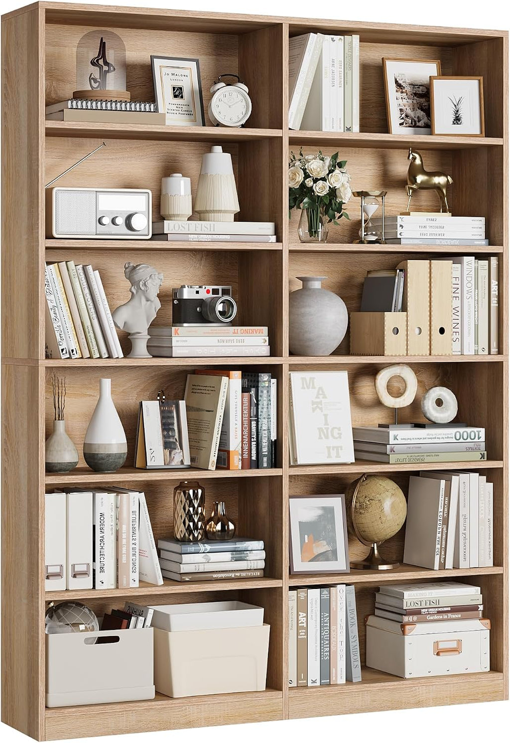 Light Oak Double Wide 6-Tier Bookshelf