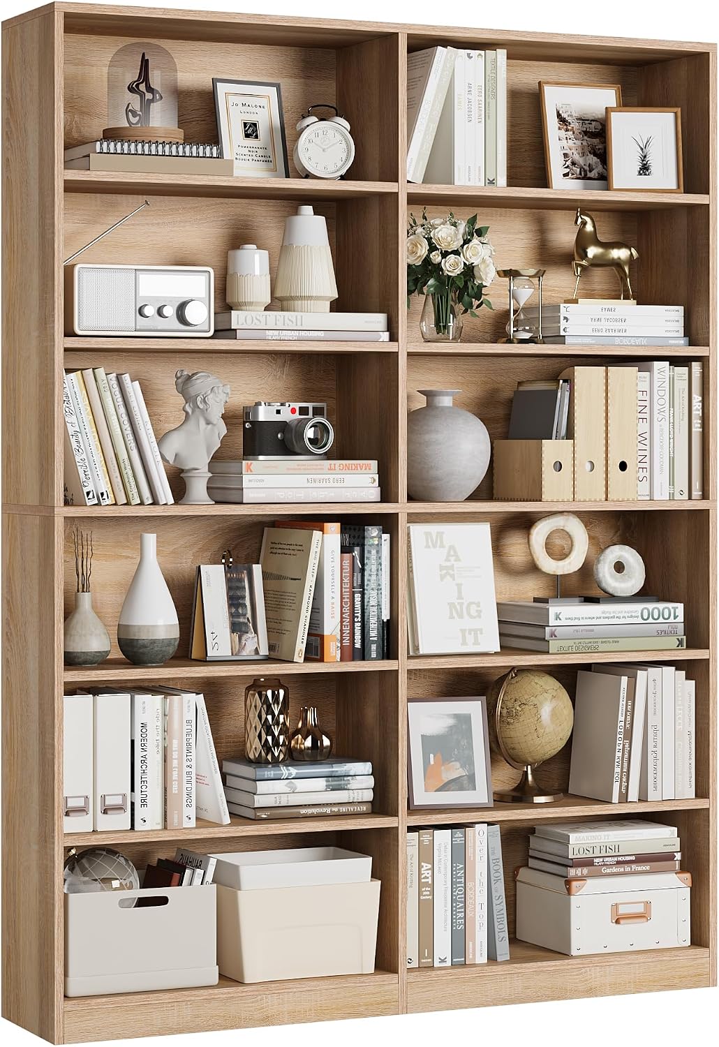 Light Oak Double Wide 6-Tier Bookshelf