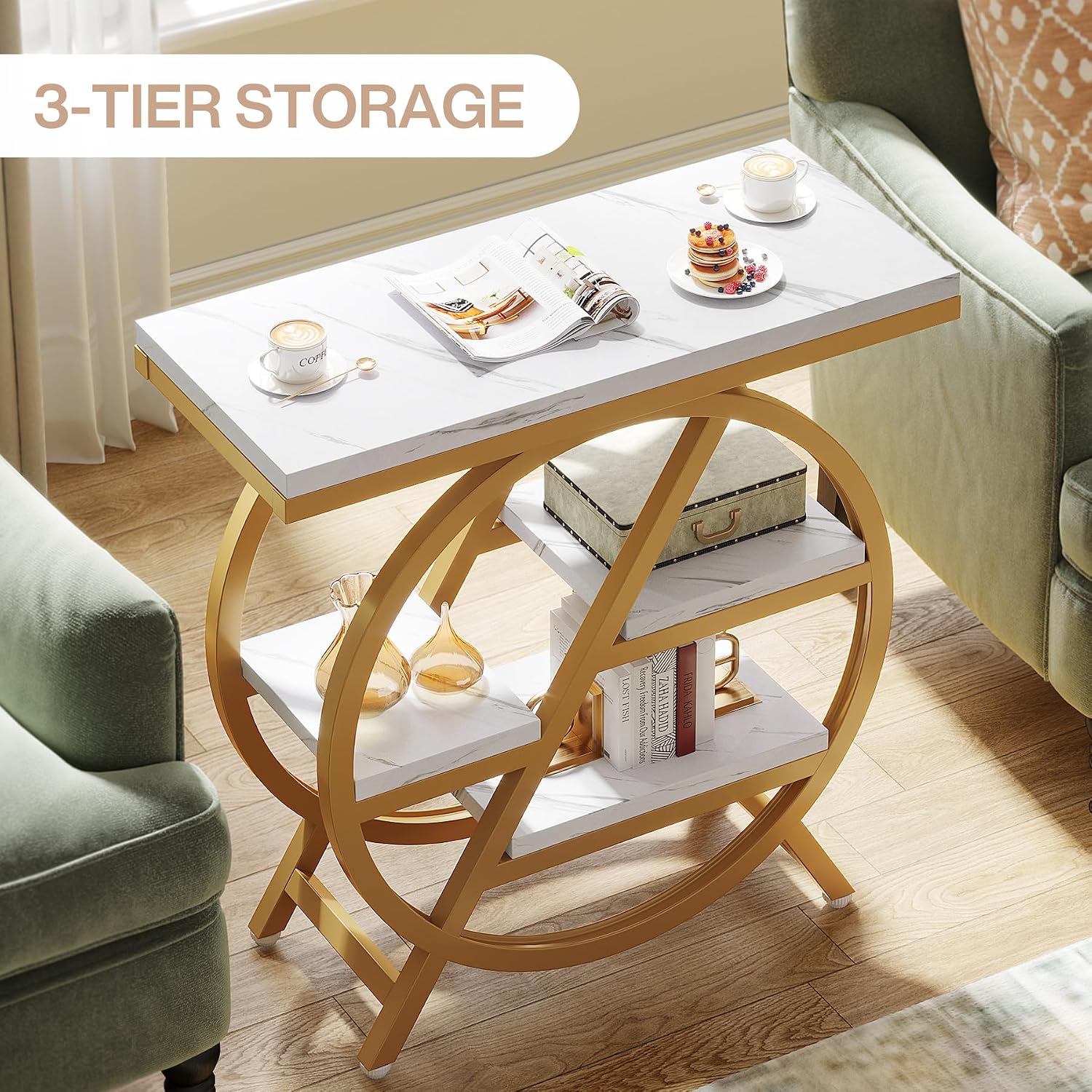 Gold White 3-Tier Marble Storage Side Table