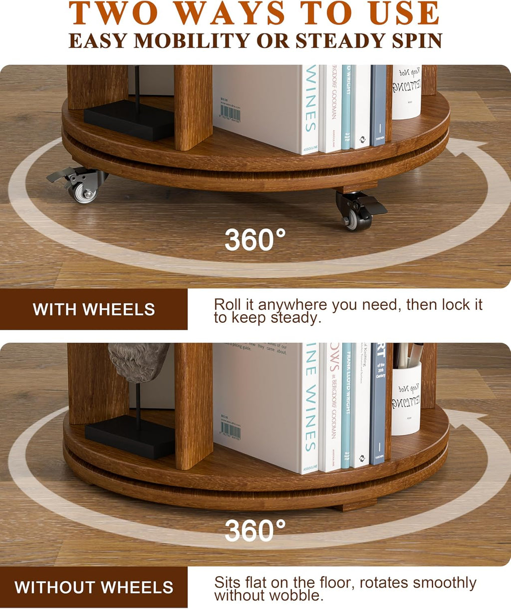 Walnut 6-Tier 360° Rotating Rolling Bookshelf