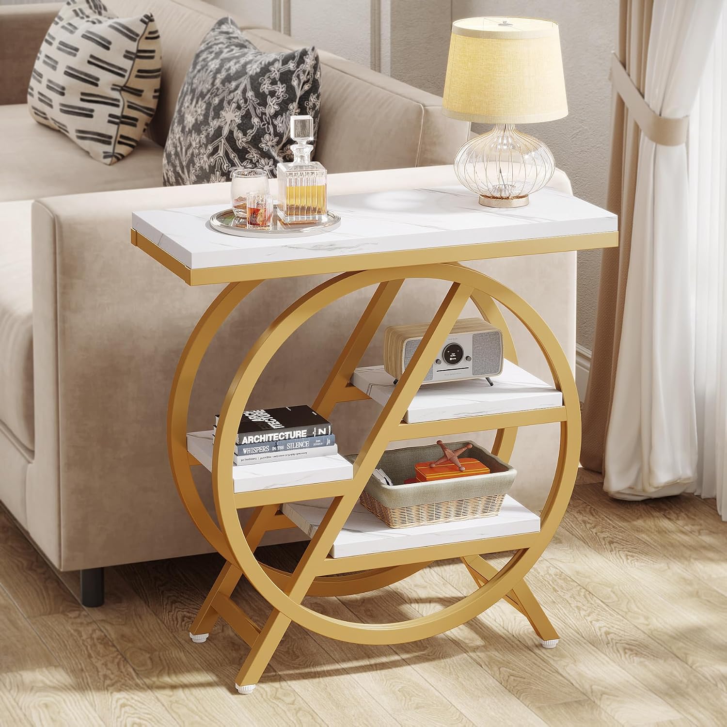 Gold White 3-Tier Marble Storage Side Table