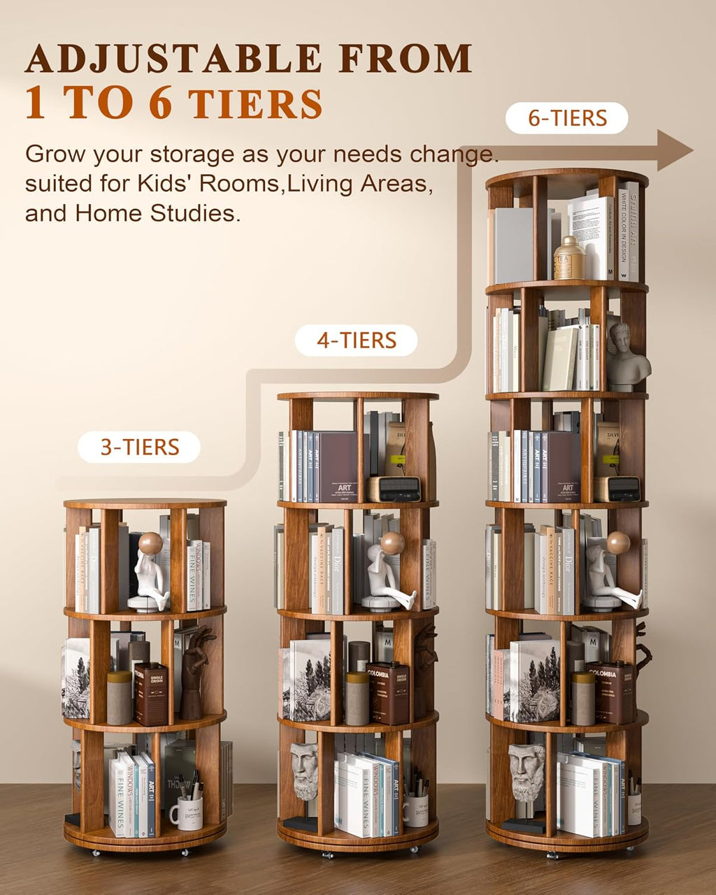 Walnut 6-Tier 360° Rotating Rolling Bookshelf