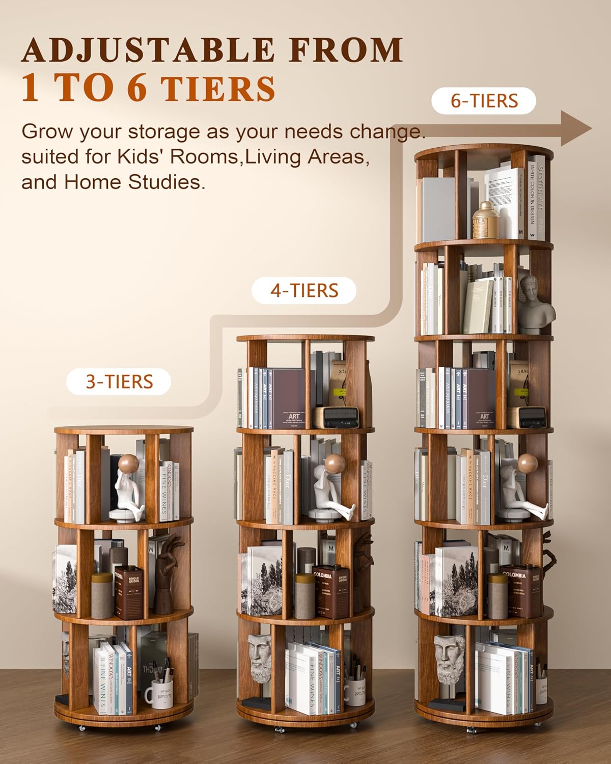 Walnut 6-Tier 360° Rotating Rolling Bookshelf