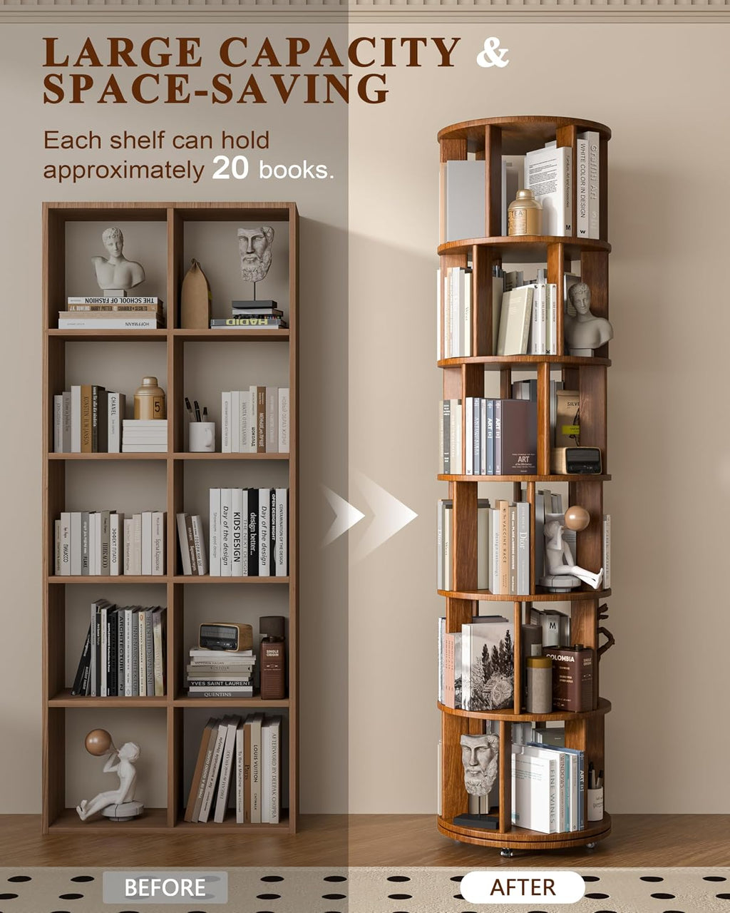 Walnut 6-Tier 360° Rotating Rolling Bookshelf