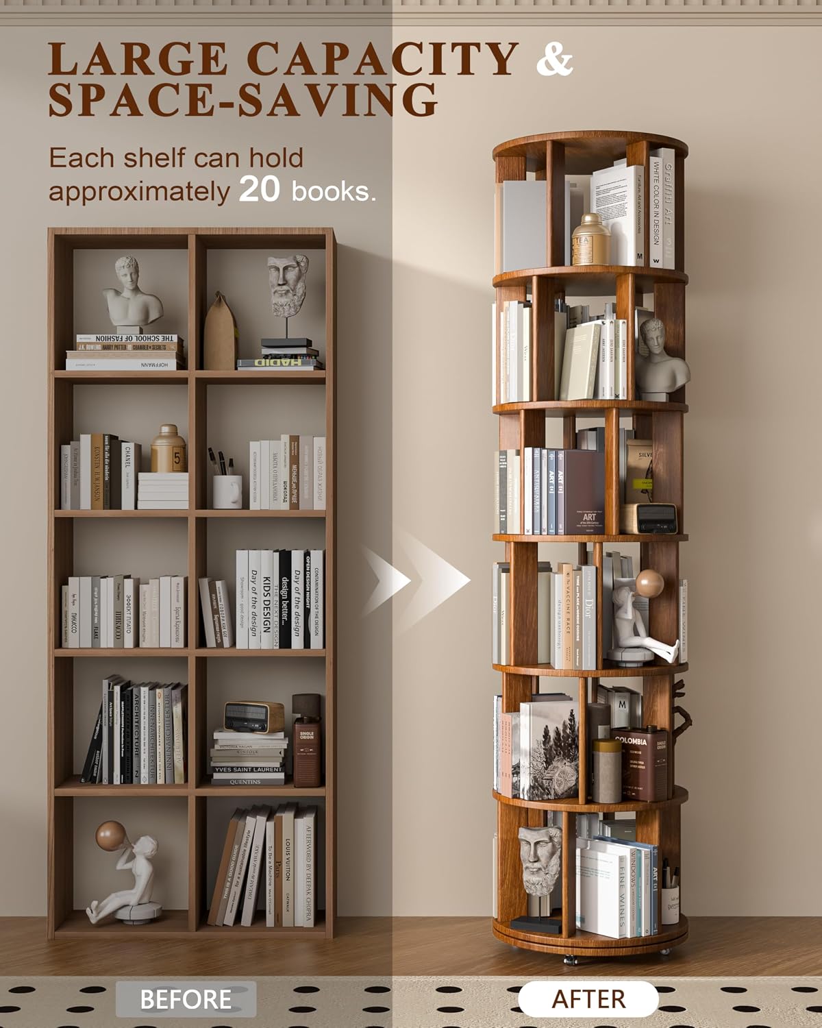 Walnut 6-Tier 360° Rotating Rolling Bookshelf