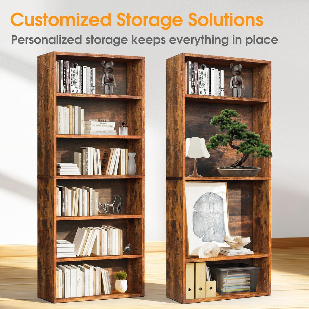 Rustic Brown Industrial 6-Tier Tall Open Bookshelf