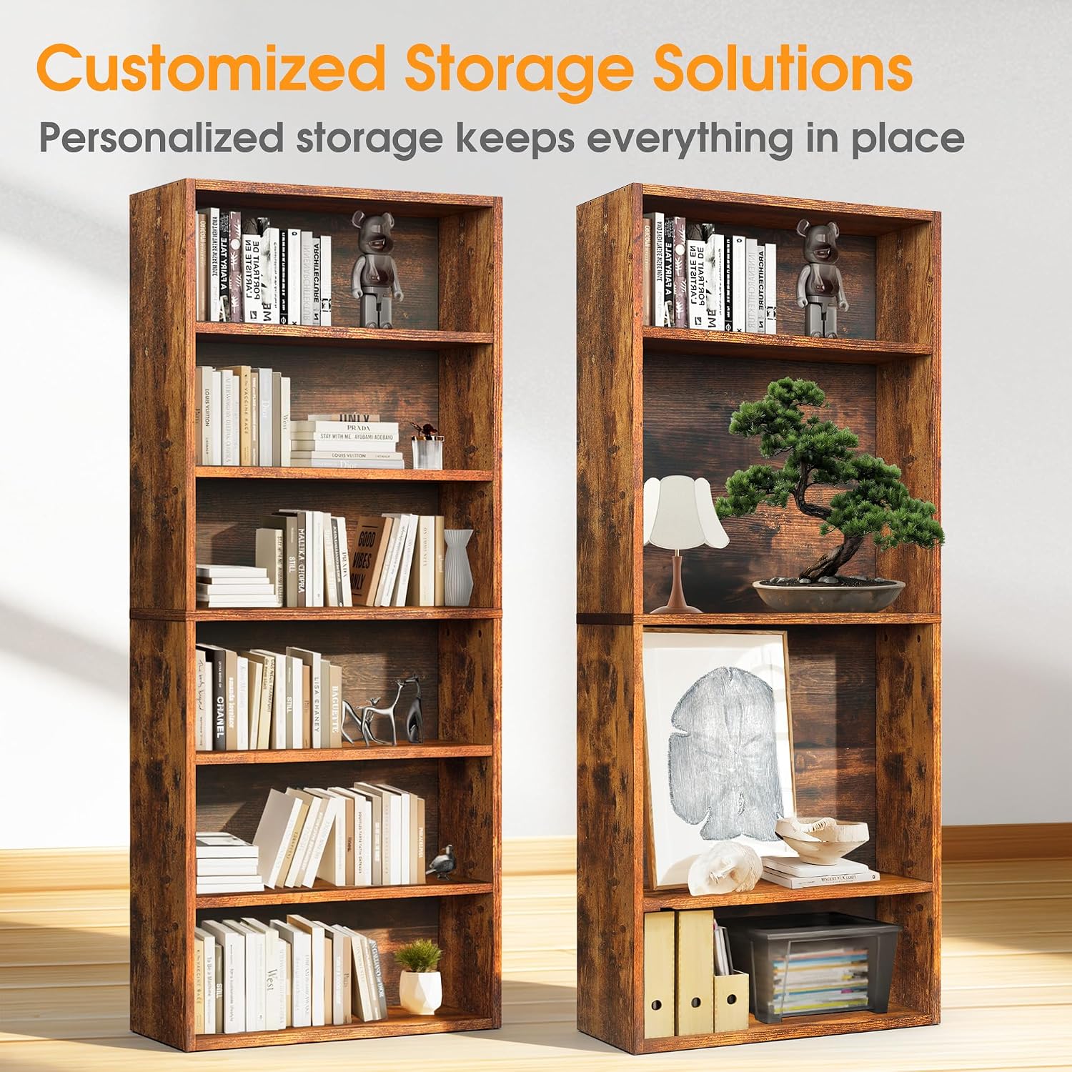 Rustic Brown Industrial 6-Tier Tall Open Bookshelf