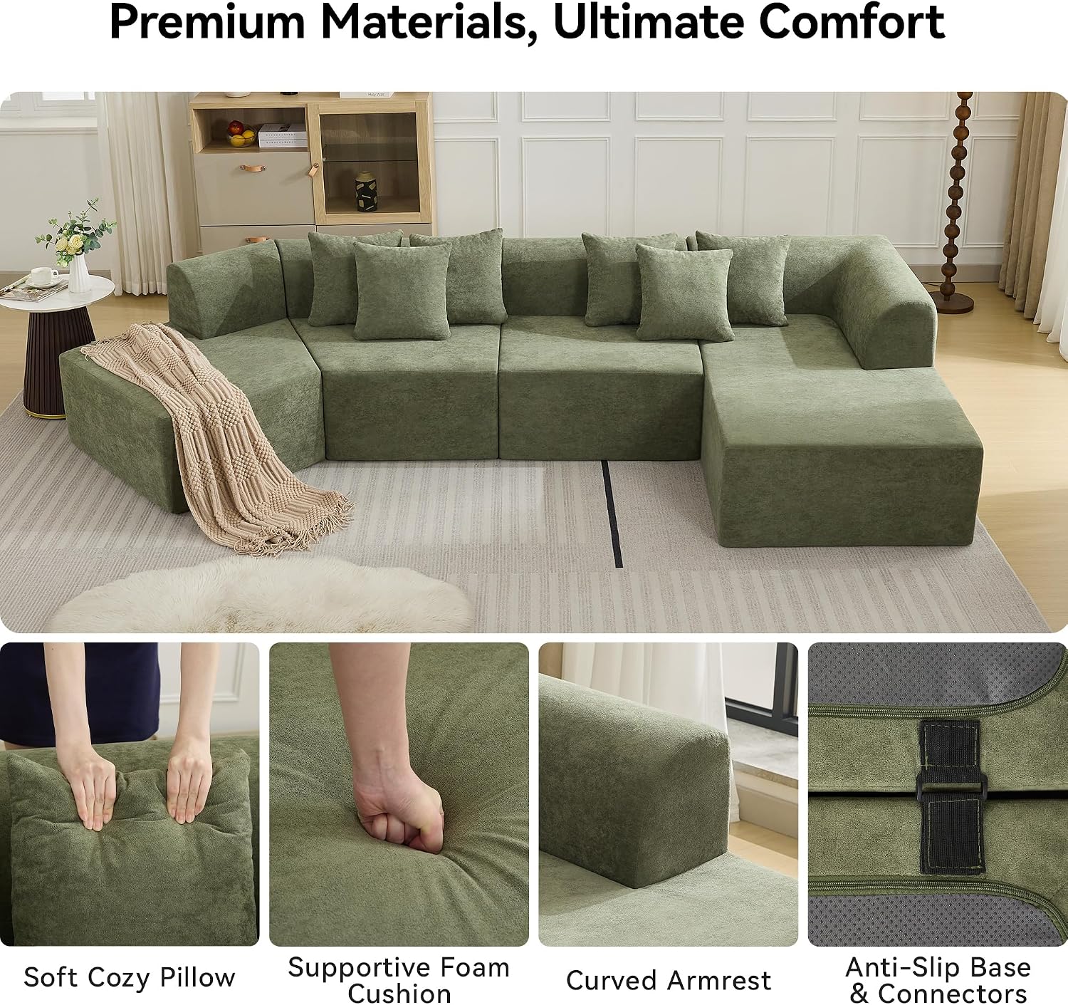 Green Velvet Curved Cloud Sectional Sofa