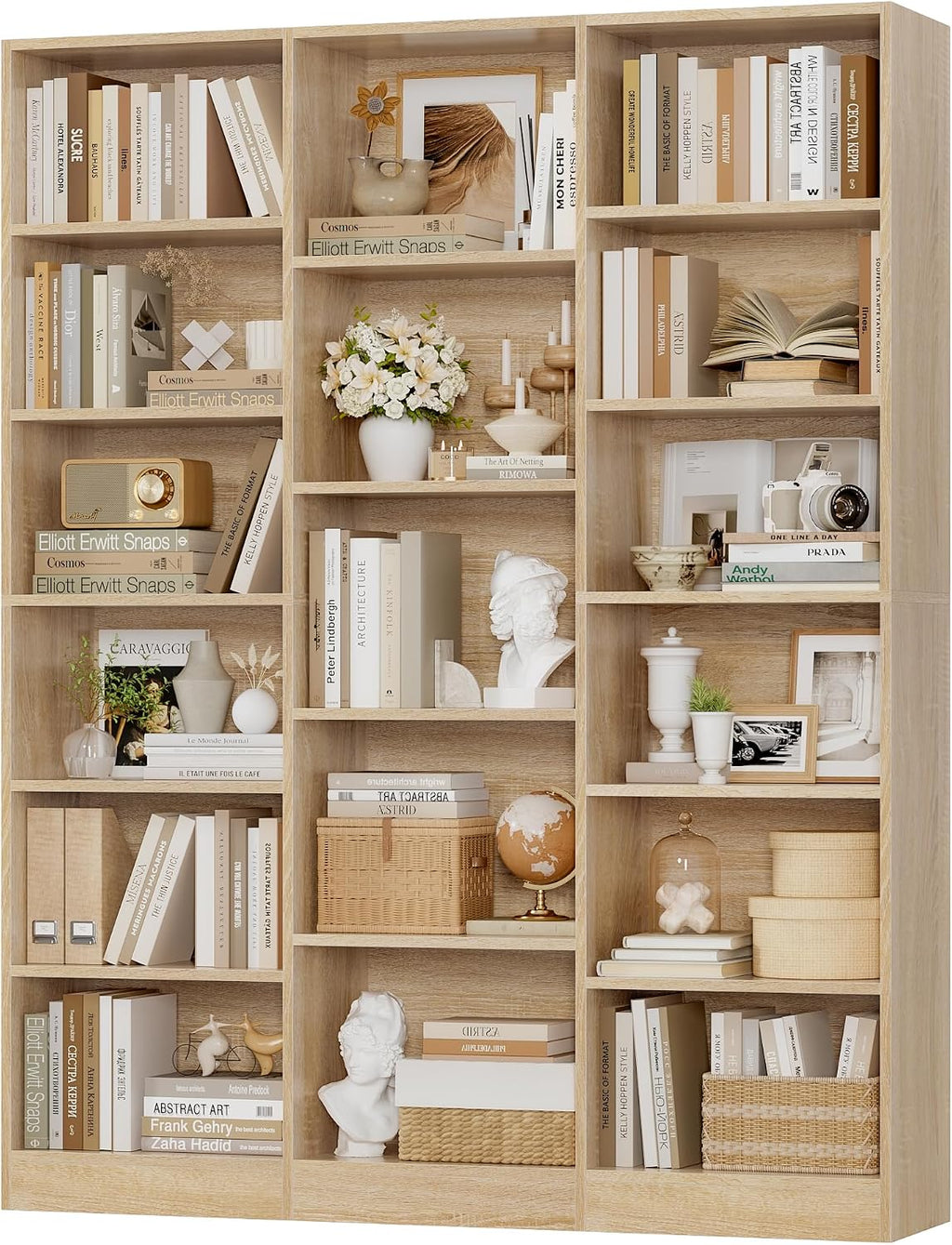 Light Oak Triple Wide 6-Tier Open Bookshelf